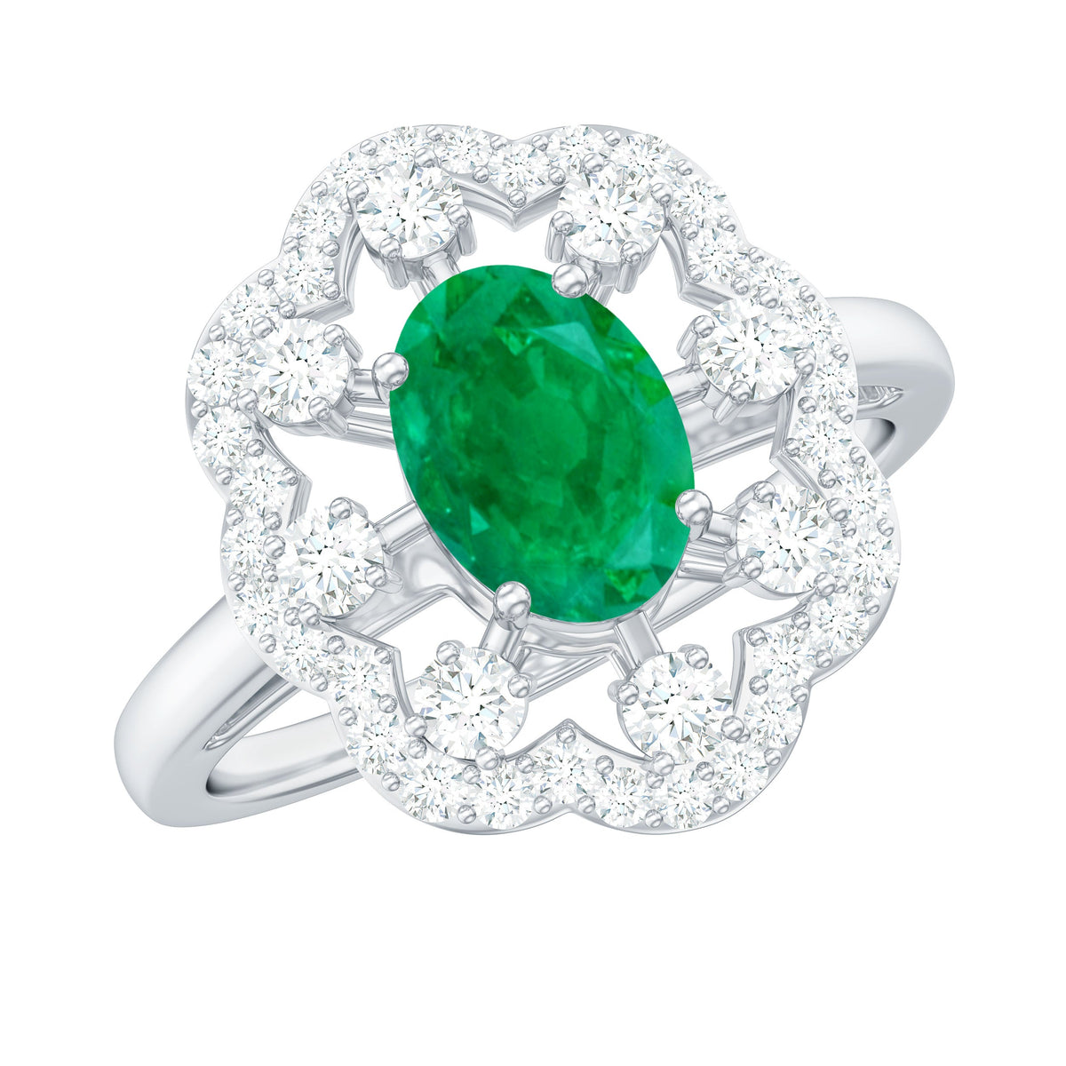 Oval emerald engagement ring with diamond accents by Rosec Jewels, showcasing the detailed design and elegant gemstone setting.