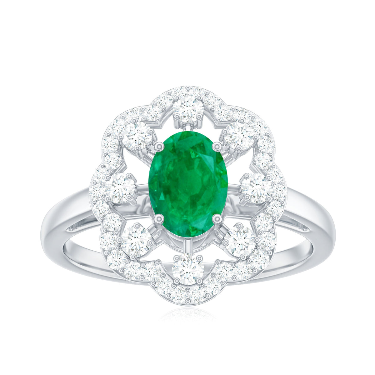 Rosec Jewels 0.7 carat oval emerald engagement ring with diamond accent, featuring a sleek gold band and elegant design.