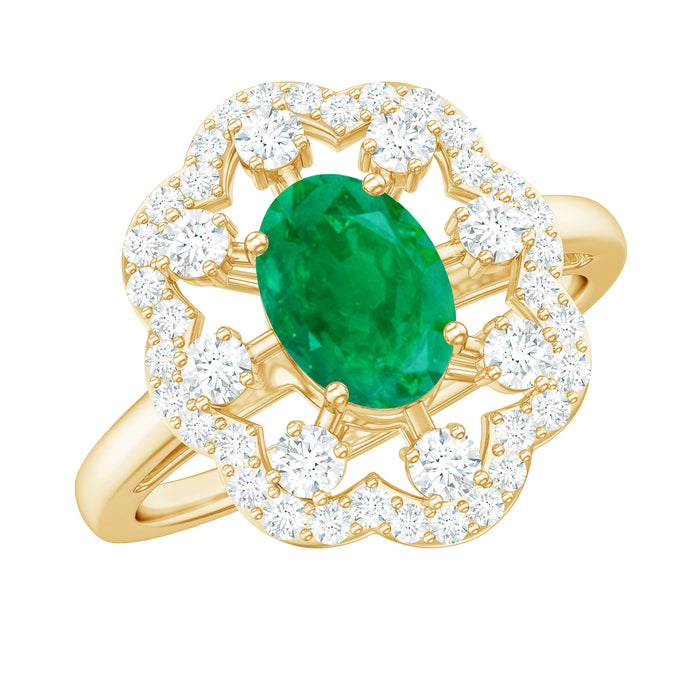 Oval emerald engagement ring with diamond accents by Rosec Jewels, showcasing a 0.7 carat center stone and elegant design.