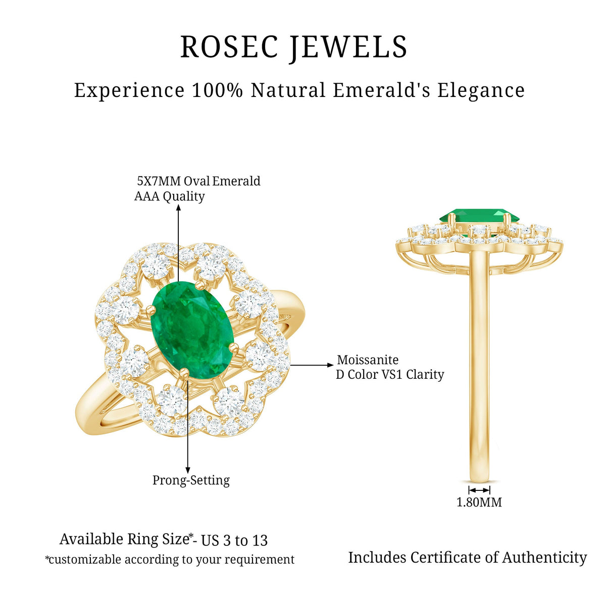 Oval emerald engagement ring with 0.7 carats and diamond accents in a Rosec Jewels designer ring style.