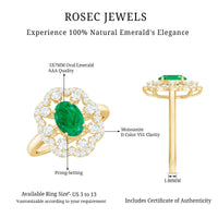 Oval emerald engagement ring with 0.7 carats and diamond accents in a Rosec Jewels designer ring style.