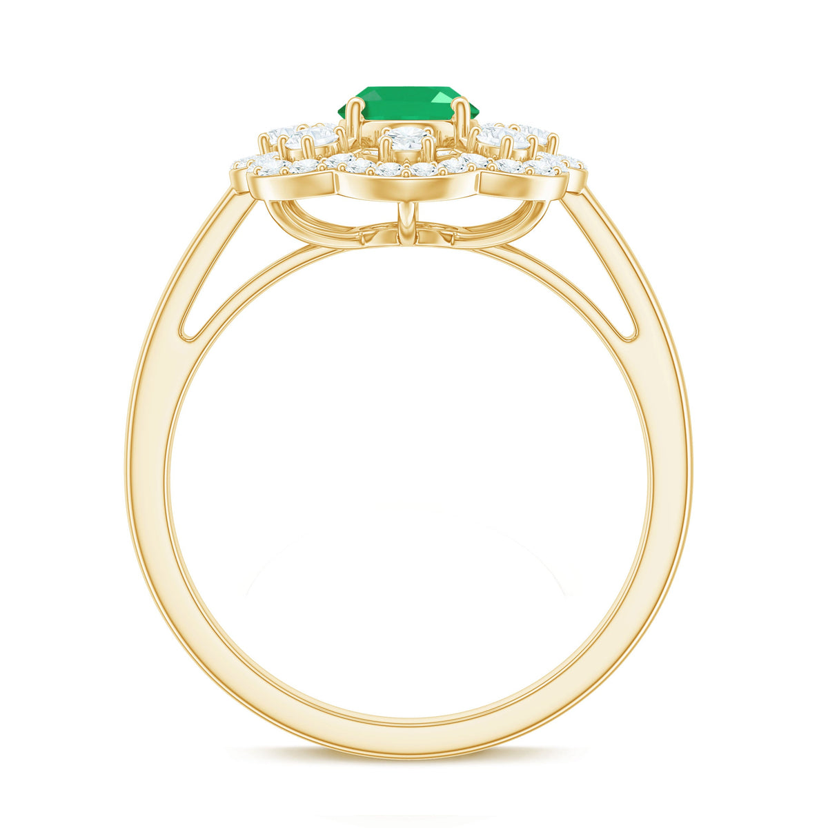 Rosec Jewels 0.7 Carat oval emerald engagement ring with diamond accent, featuring a sleek gold band and intricate design.