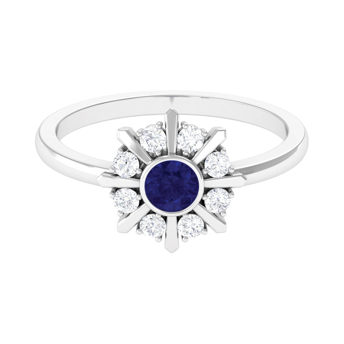 Certified real blue sapphire flower promise ring with diamond accents, crafted by Rosec Jewels, showcasing intricate floral design.