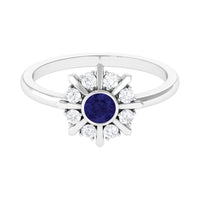 Certified real blue sapphire flower promise ring with diamond accents, crafted by Rosec Jewels, showcasing intricate floral design.