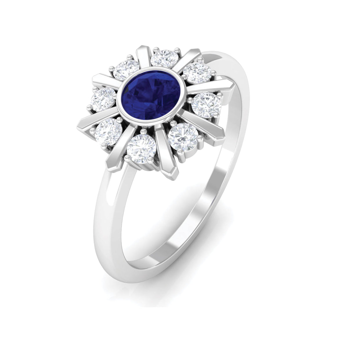 Certified real blue sapphire flower promise ring with diamond accents by Rosec Jewels, showcasing a delicate floral design.