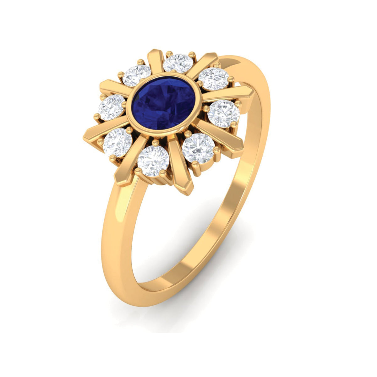Certified real blue sapphire flower promise ring with diamond accents by Rosec Jewels, showcasing intricate floral design and sparkling gemstones.