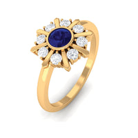 Certified real blue sapphire flower promise ring with diamond accents by Rosec Jewels, showcasing intricate floral design and sparkling gemstones.