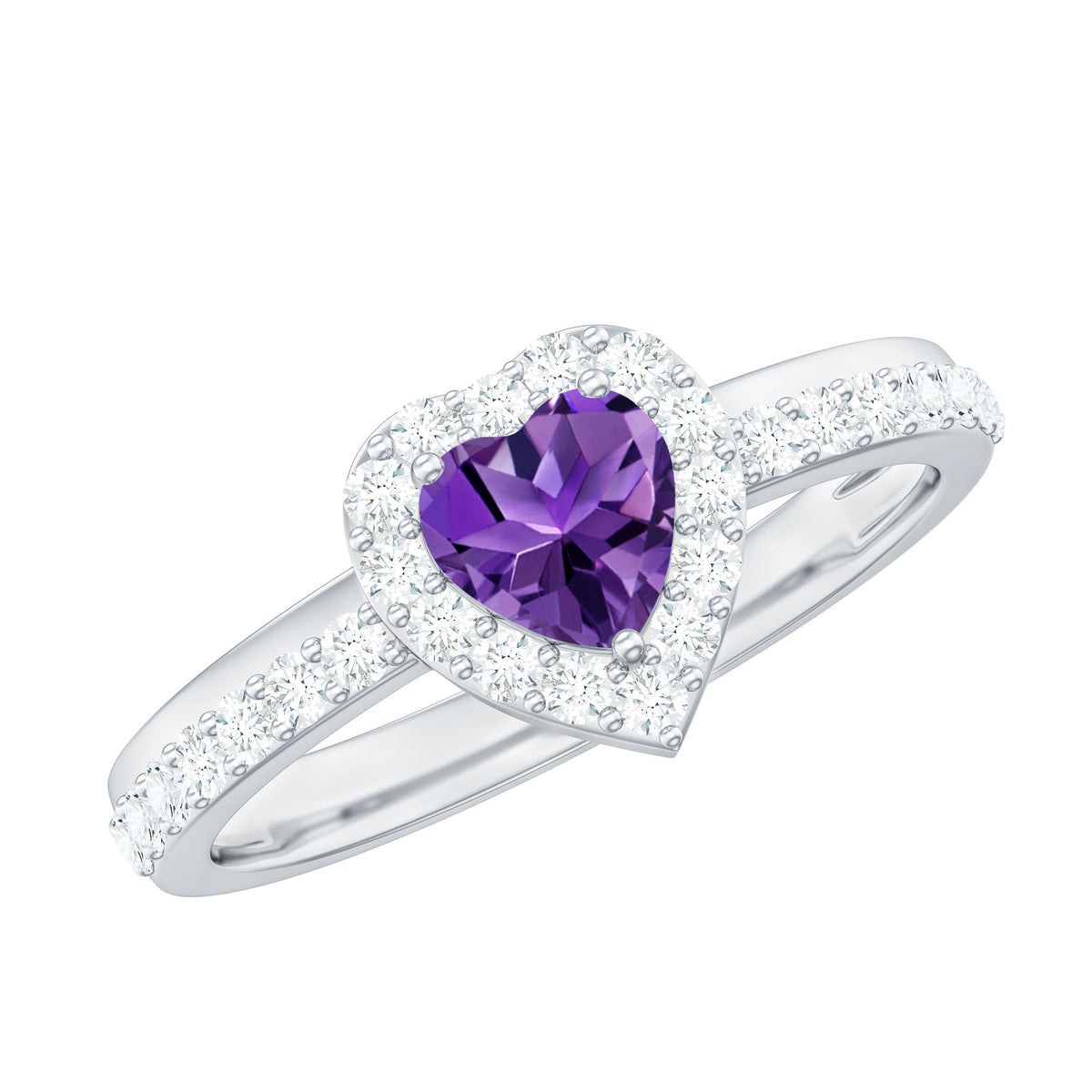 Heart-shaped amethyst and diamond halo engagement ring by Rosec Jewels, featuring intricate detailing and sparkling gemstones.