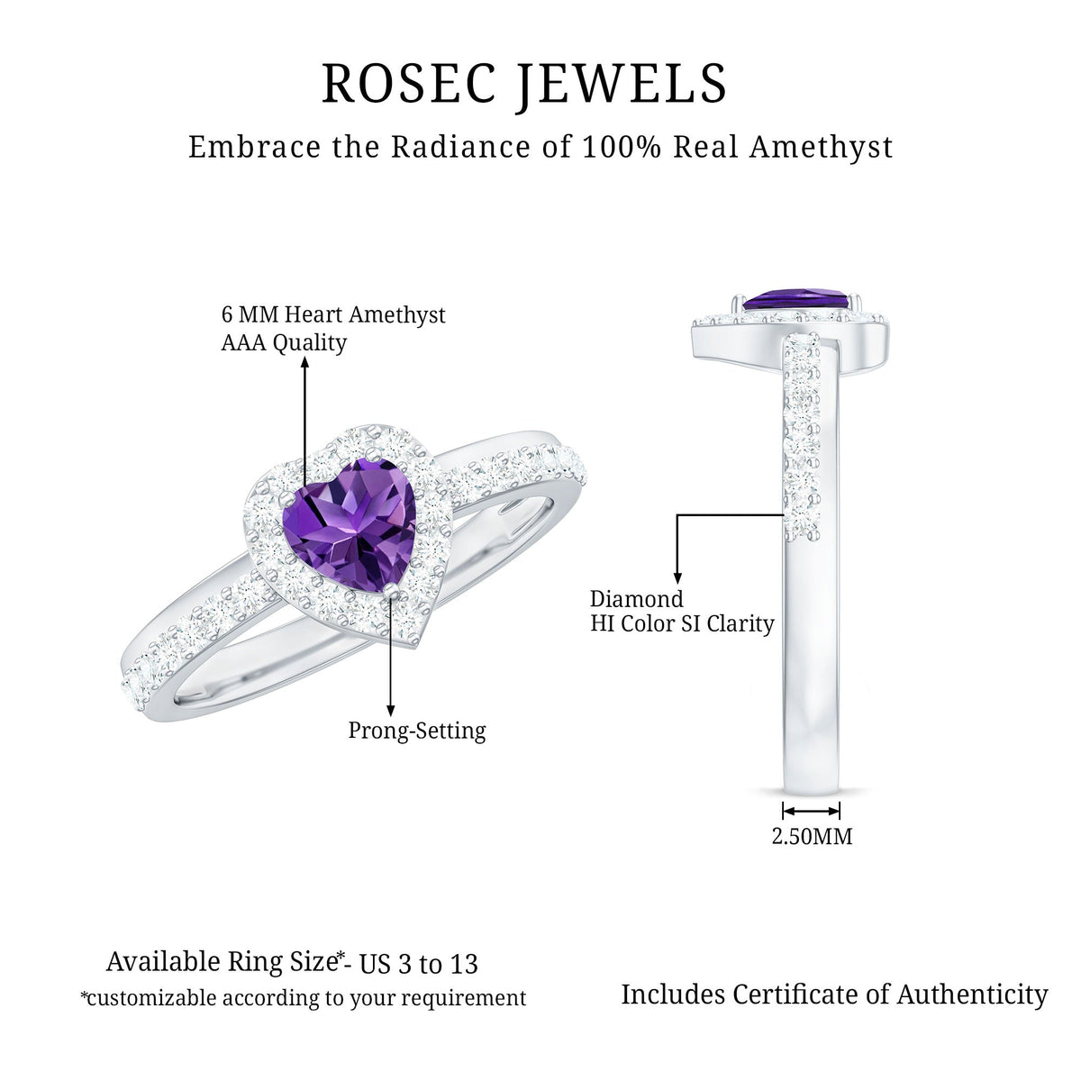 Heart-shaped amethyst and diamond halo engagement ring with intricate band design by Rosec Jewels.