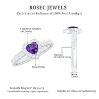 Heart-shaped amethyst and diamond halo engagement ring with intricate band design by Rosec Jewels.