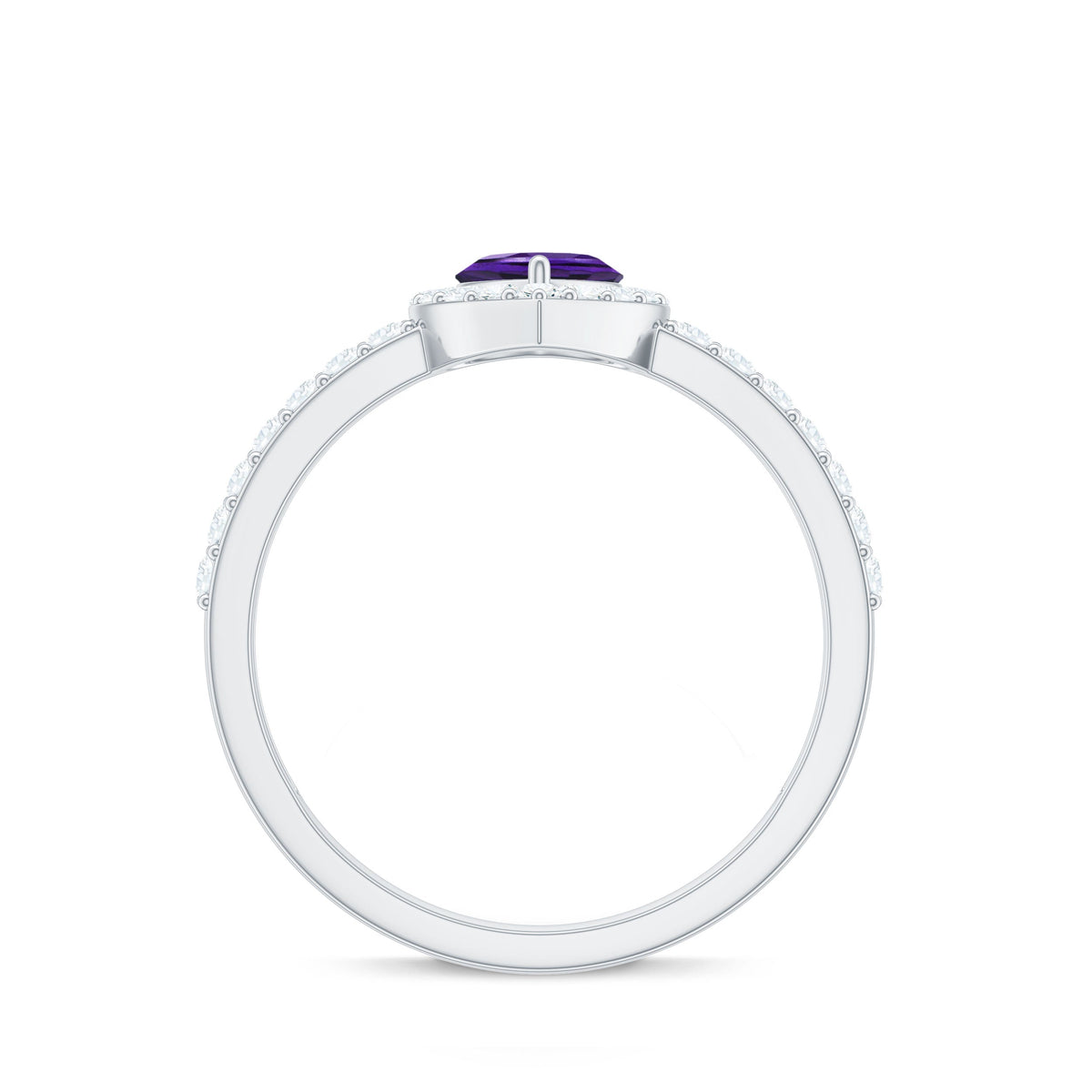 Heart-shaped amethyst and diamond halo engagement ring by Rosec Jewels, showcasing a sparkling gemstone design and intricate details.