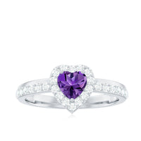 Heart-shaped amethyst and diamond halo engagement ring from Rosec Jewels, featuring a sparkling gemstone and intricate band design.