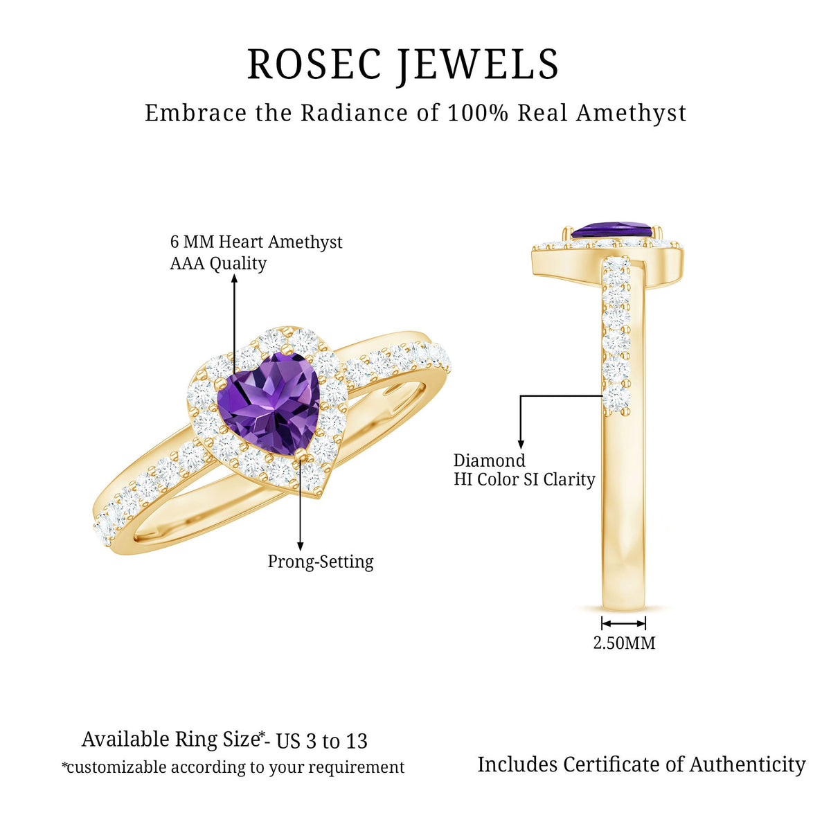 Heart-shaped amethyst and diamond halo engagement ring by Rosec Jewels, featuring intricate detailing and elegant design.