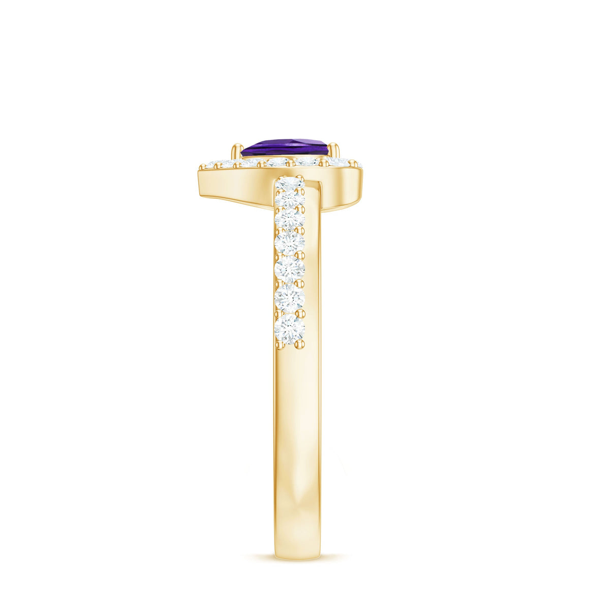 Heart-shaped amethyst and diamond halo engagement ring by Rosec Jewels featuring a sparkling gemstone and intricate metal setting.