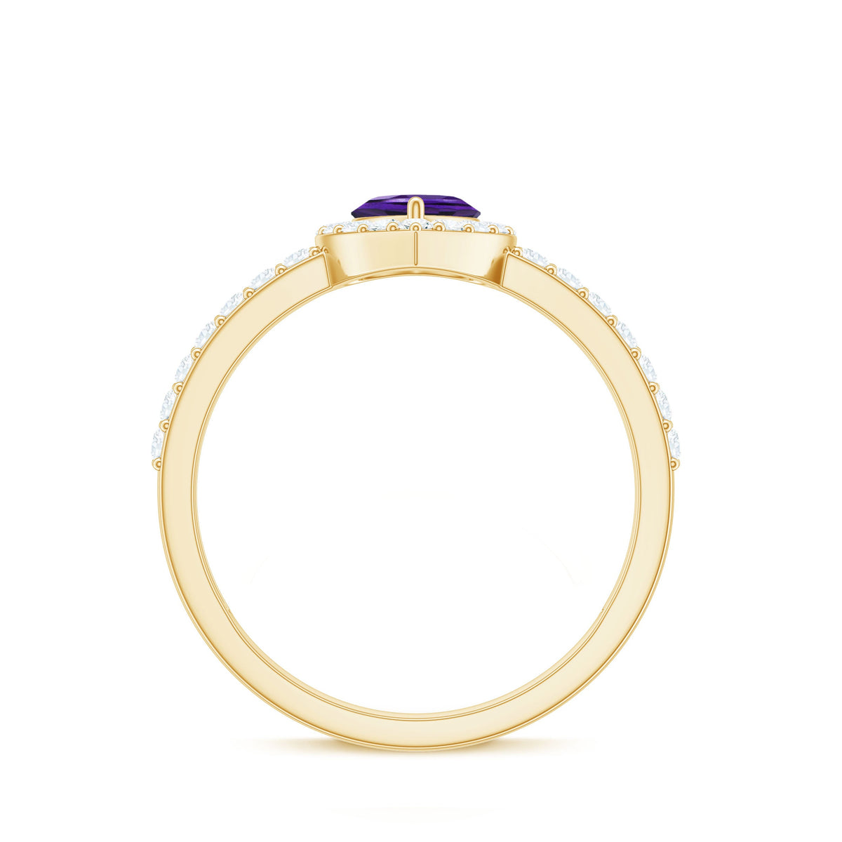 Heart-shaped amethyst and diamond halo engagement ring by Rosec Jewels, showcasing intricate gemstone setting and elegant design.
