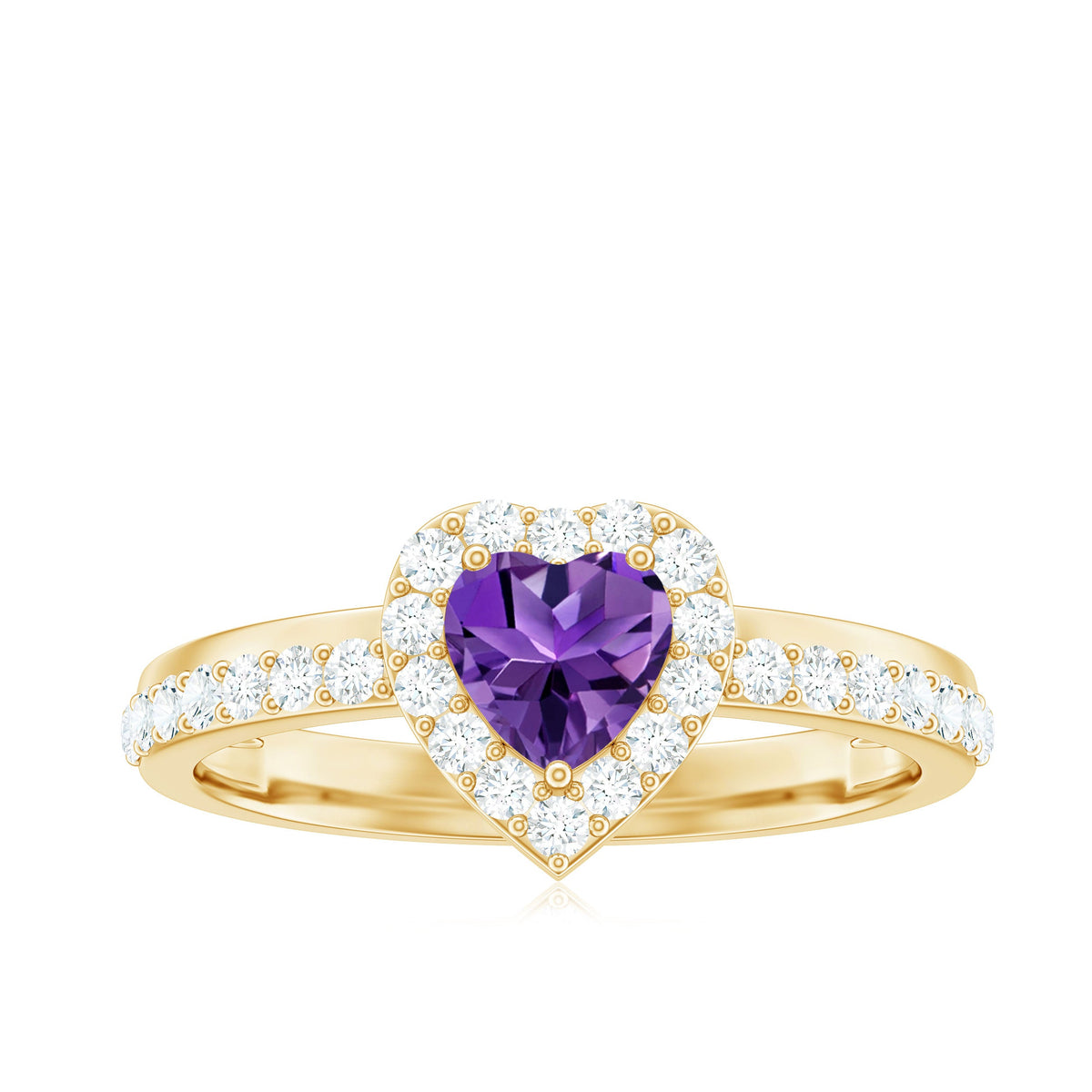 Heart-shaped amethyst and diamond halo engagement ring by Rosec Jewels, featuring a detailed view of the gemstone and intricate band design.