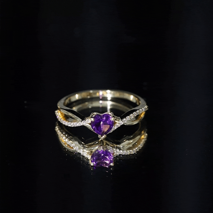Genuine 0.9 carat amethyst heart engagement ring with diamond crossover shank by Rosec Jewels, featuring a vibrant purple gemstone.