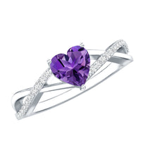 Genuine 0.9 Carat Amethyst heart engagement ring with diamond crossover shank by Rosec Jewels, showcasing a beautiful purple gemstone.