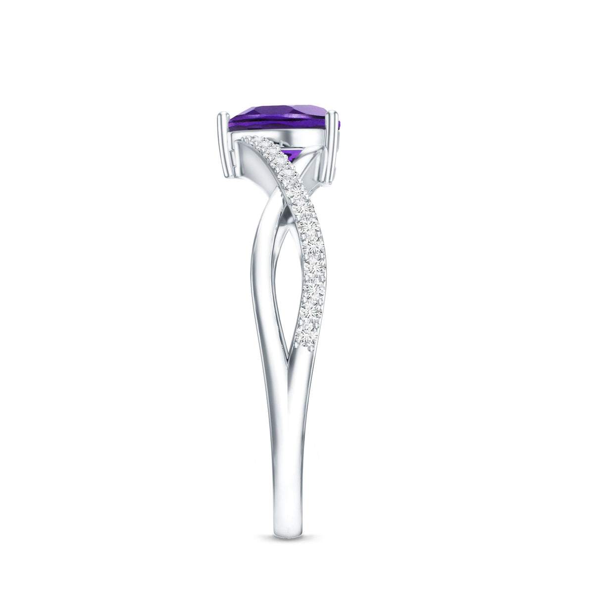 Genuine 0.9 carat amethyst heart engagement ring with diamond crossover shank by Rosec Jewels, showcasing a vibrant amethyst gemstone.