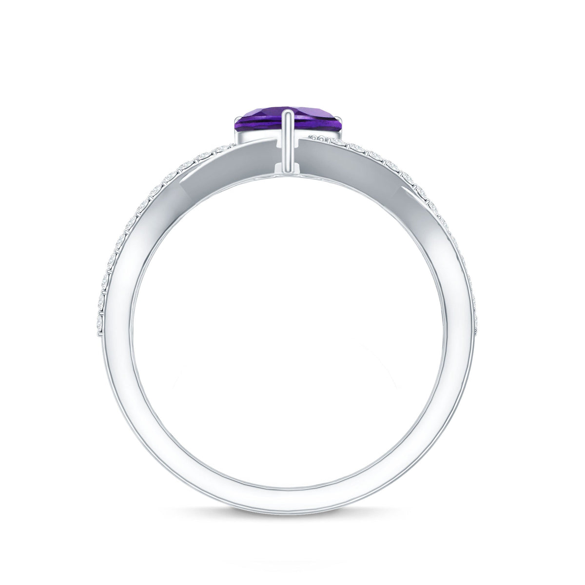 Genuine 0.9 carat amethyst heart engagement ring with diamond crossover shank by Rosec Jewels, featuring a stunning purple gemstone centerpiece.