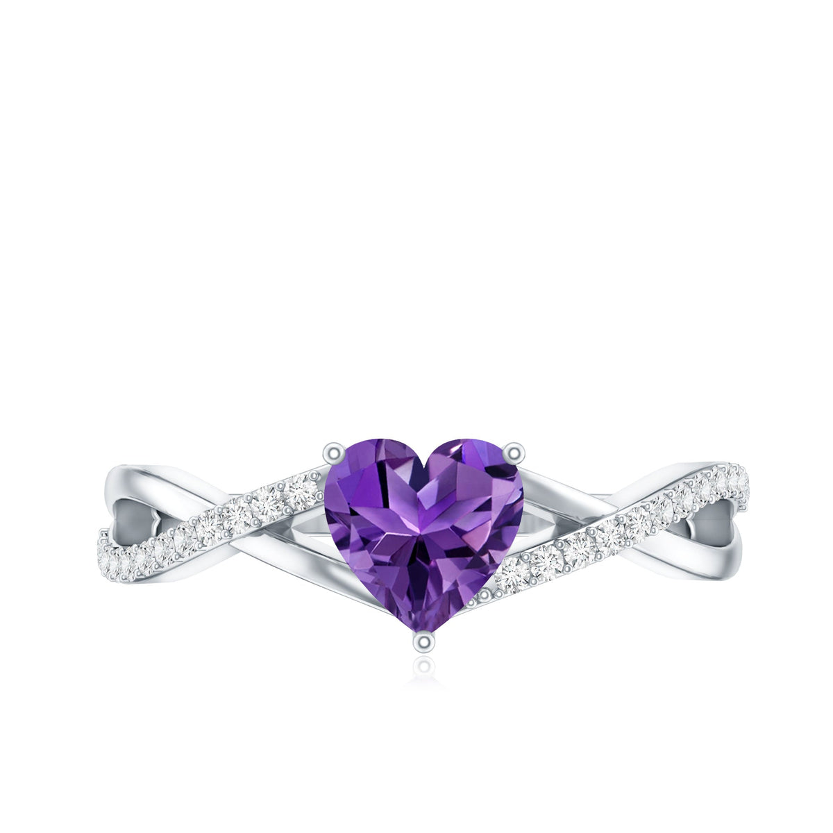 Genuine 0.9 carat amethyst heart engagement ring with diamond crossover shank by Rosec Jewels, showcasing a sparkling purple gemstone.