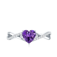 Genuine 0.9 carat amethyst heart engagement ring with diamond crossover shank by Rosec Jewels, showcasing a sparkling purple gemstone.