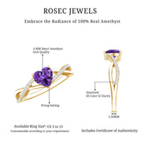 Genuine 0.9 carat amethyst heart engagement ring with diamond crossover shank by Rosec Jewels