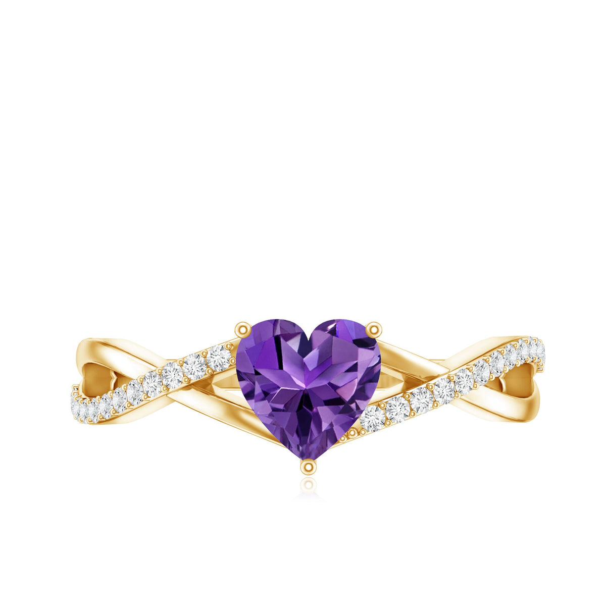 Genuine 0.9 carat amethyst heart engagement ring with diamond crossover shank, rose gold band, from Rosec Jewels.