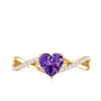Genuine 0.9 carat amethyst heart engagement ring with diamond crossover shank, rose gold band, from Rosec Jewels.