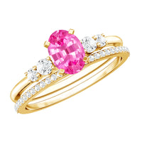 1.50 CT Oval Cut Solitaire Created Pink Sapphire Ring Set with Diamond