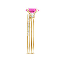 1.50 CT Oval Cut Solitaire Created Pink Sapphire Ring Set with Diamond