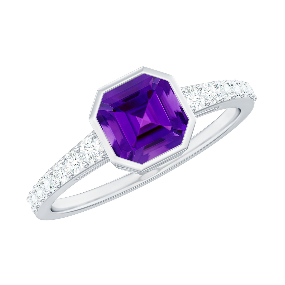 Bezel Asscher Amethyst solitaire ring with diamond side stones from Rosec Jewels, showcasing a purple gemstone and sparkling accents.