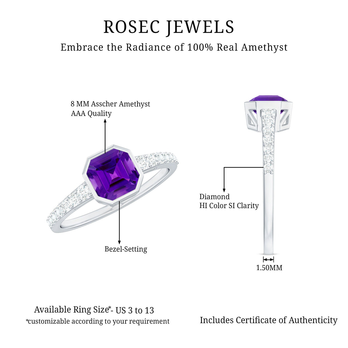 Bezel Asscher cut amethyst solitaire ring with diamond side stones, featuring a rose gold band from Rosec Jewels.