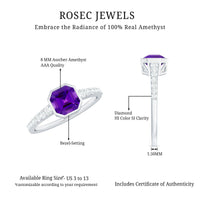 Bezel Asscher cut amethyst solitaire ring with diamond side stones, featuring a rose gold band from Rosec Jewels.