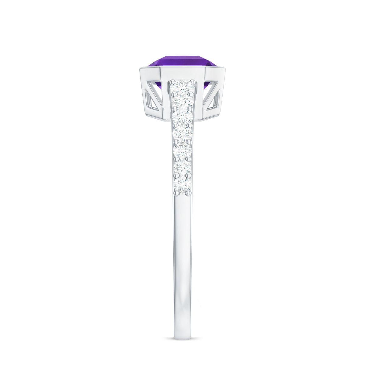 Rosec Jewels Bezel Asscher Amethyst solitaire ring with diamond side stones, showcasing the elegant purple gemstone and sparkling accents.