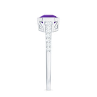 Rosec Jewels Bezel Asscher Amethyst solitaire ring with diamond side stones, showcasing the elegant purple gemstone and sparkling accents.