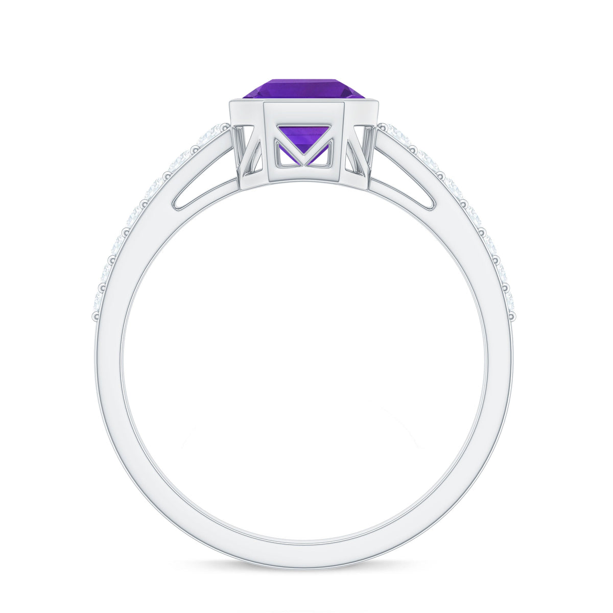 Bezel Asscher Amethyst solitaire ring with diamond side stones, featuring a silver band and intricate detailing from Rosec Jewels.
