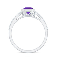 Bezel Asscher Amethyst solitaire ring with diamond side stones, featuring a silver band and intricate detailing from Rosec Jewels.