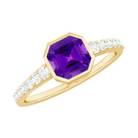 Bezel Asscher Amethyst solitaire ring with diamond side stones, Rosec Jewels, showcasing a stunning purple gemstone and elegant band.