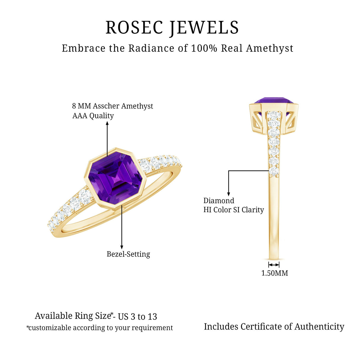 Asscher-cut amethyst solitaire ring with diamond side stones from Rosec Jewels, showcasing a sparkling gemstone and elegant band.