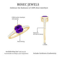 Asscher-cut amethyst solitaire ring with diamond side stones from Rosec Jewels, showcasing a sparkling gemstone and elegant band.