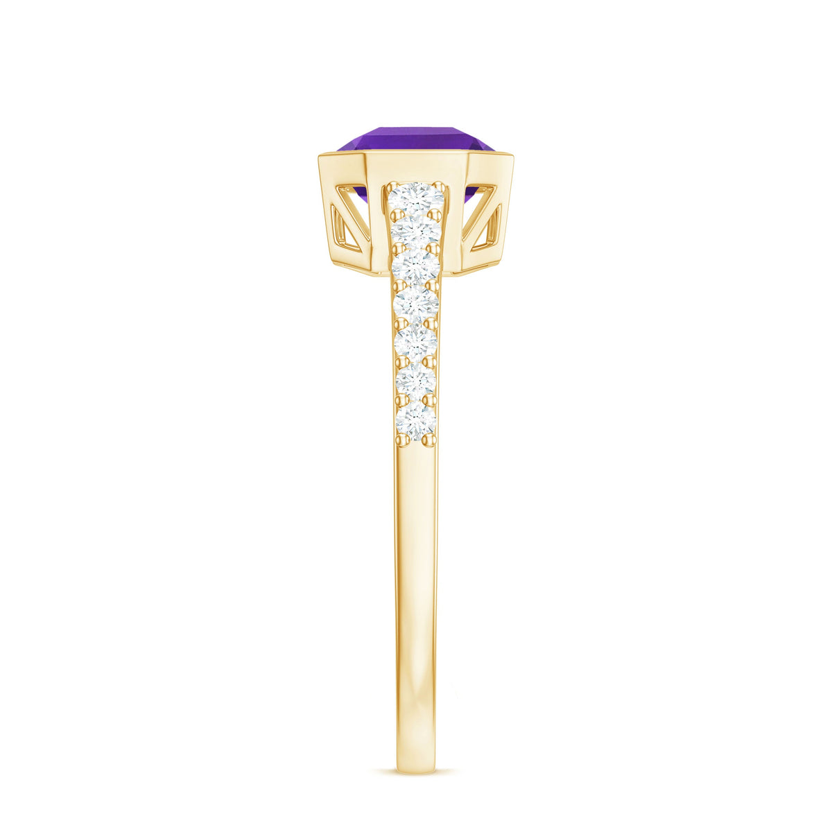 Bezel Asscher Amethyst solitaire ring with diamond side stones from Rosec Jewels, showcasing a silver band and detailed gemstone setting.