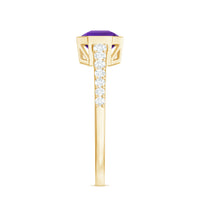 Bezel Asscher Amethyst solitaire ring with diamond side stones from Rosec Jewels, showcasing a silver band and detailed gemstone setting.