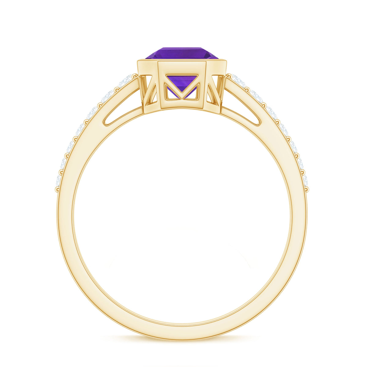 Rosec Jewels Bezel Asscher Amethyst solitaire ring with diamond side stones, showcasing a striking purple gemstone and elegant design.