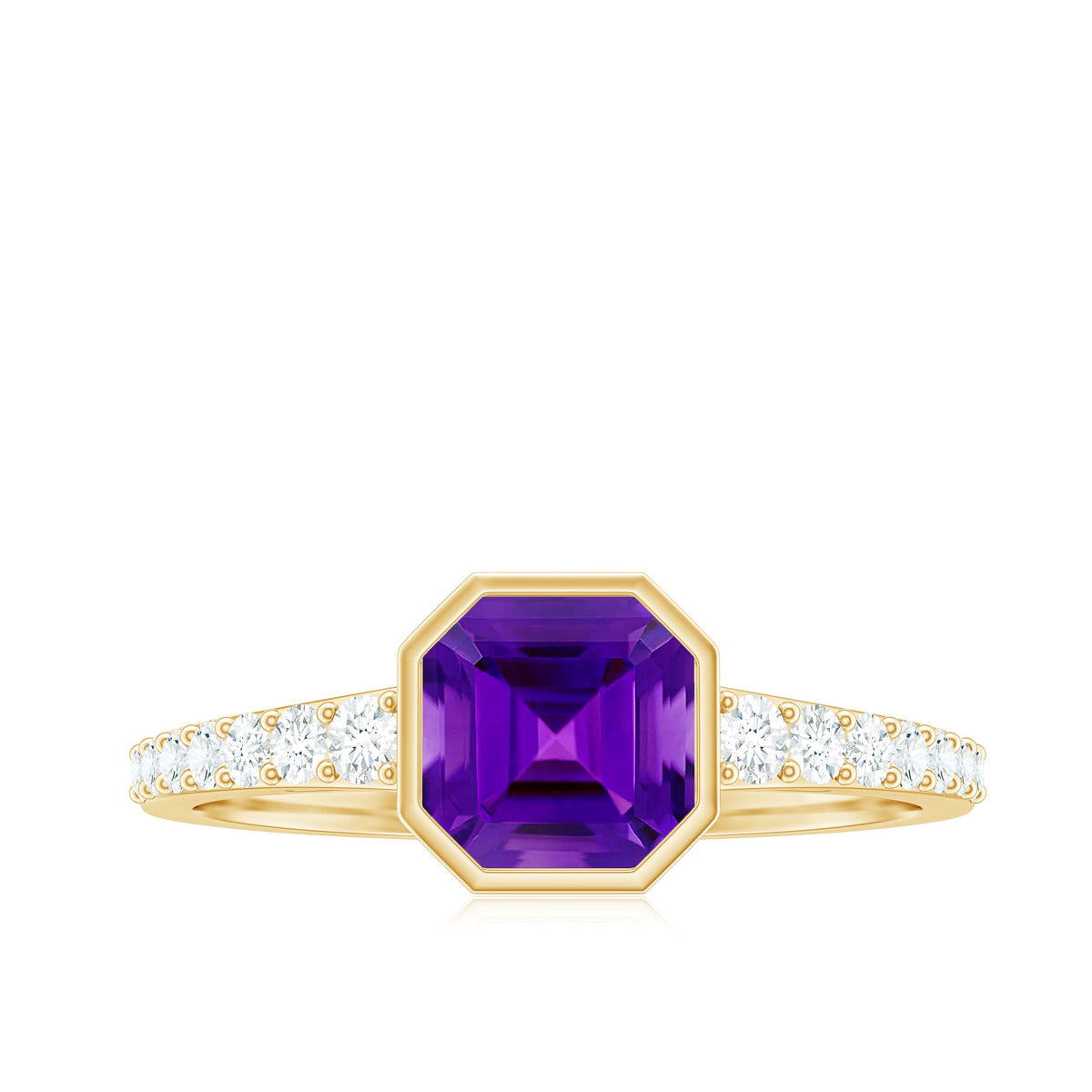 Bezel Asscher Amethyst solitaire ring with diamond side stones from Rosec Jewels, showcasing a central purple amethyst with sparkling side diamonds.