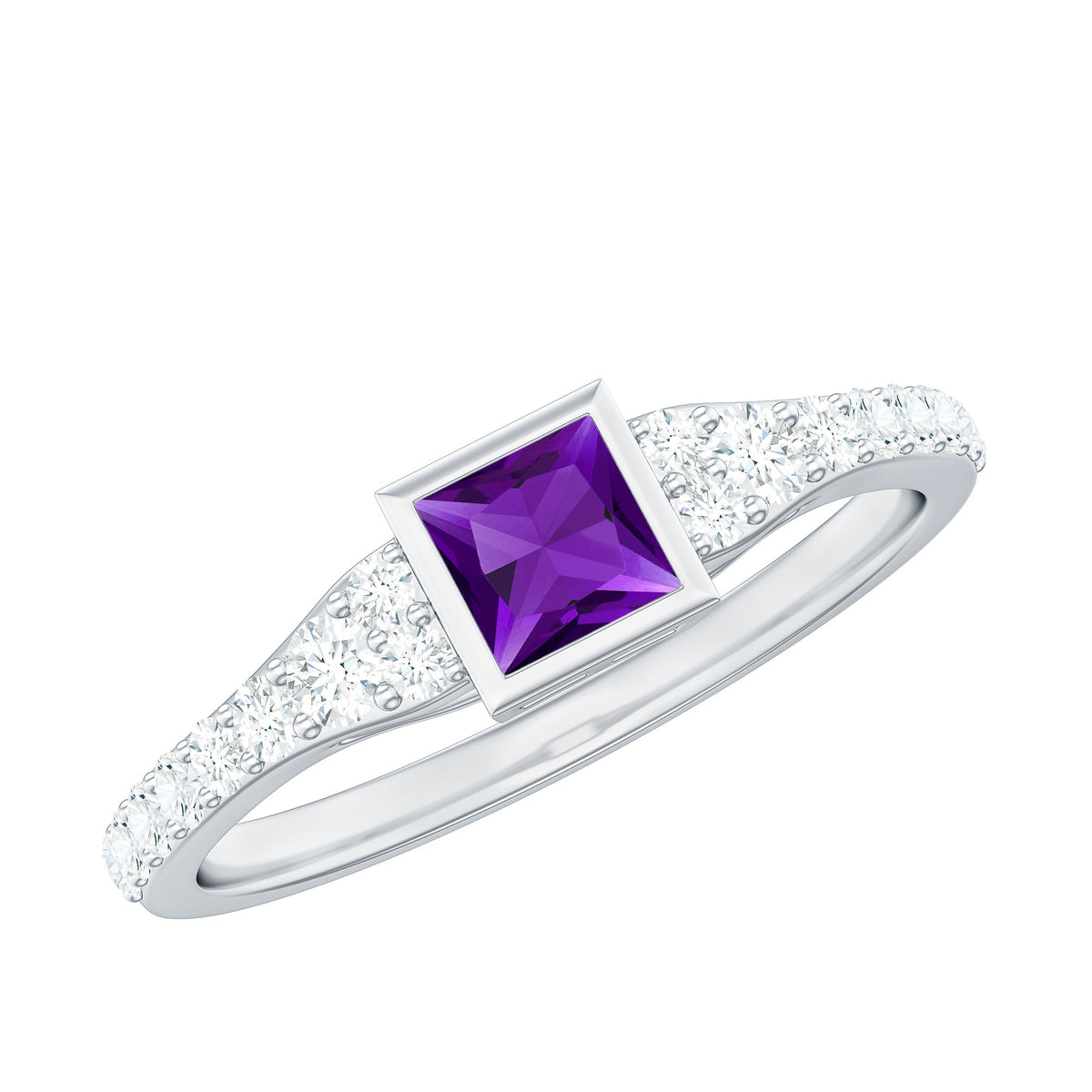 Bezel set 1 carat amethyst solitaire promise ring with diamond accents by Rosec Jewels, showcasing the elegant gemstone and band.