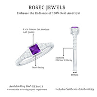 1 Carat bezel set amethyst solitaire promise ring with diamond from Rosec Jewels, showcasing a purple amethyst gemstone and elegant band.