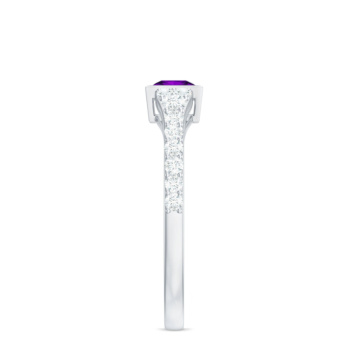 Rosec Jewels 1 Carat amethyst solitaire promise ring with diamond bezel set, featuring a stunning purple gemstone and elegant design.