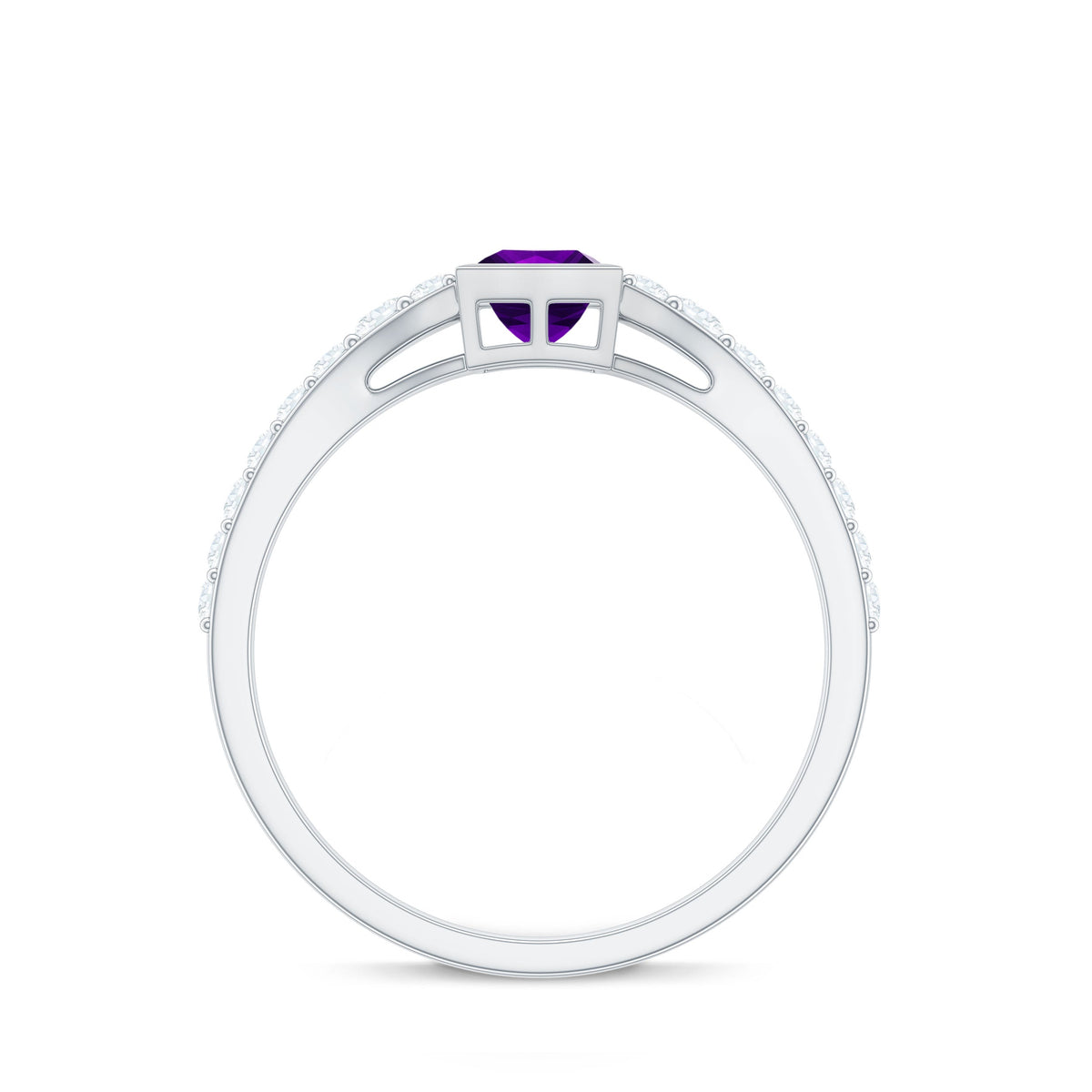 Rosec Jewels 1 Carat bezel set amethyst solitaire promise ring with a diamond accents, showcasing elegant purple gemstone and fine craftsmanship.