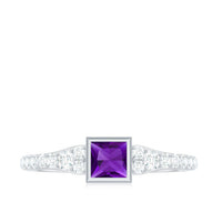 Rosec Jewels 1 Carat bezel set amethyst solitaire promise ring with diamond, featuring a purple gemstone and elegant silver band.